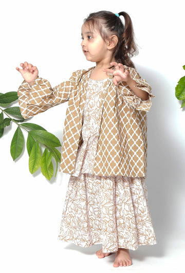 Set of 3 - Rapunzel Brown Floral Cape Jacket with Cotton Slip and Jacket